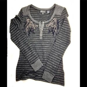 Miss Me Stripped Sequin Henley Sweater M